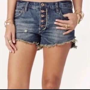 FP Free People Womens Sz 27 Jean Shorts Button Fly Distressed Raw Hem Blue Denim